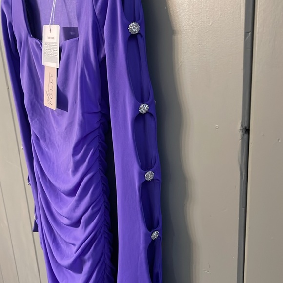 NWT Oh Polly Dress Cold Shoulder Ruched Bodycon Purple Rhinestone Girly Mini New - Picture 3 of 5